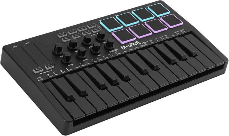 M-VAVE 25 مفتاح وحدة تحكم لوحة مفاتيح MIDI USB مع 8 وسادات درام مضاءة ، بلوتوث ، لوحة مفاتيح ديناميكية شبه مثقلة احترافية ، 8 مقبض وموسيقى إنتاج ، برنامج متضمن (أسود) - Image 1